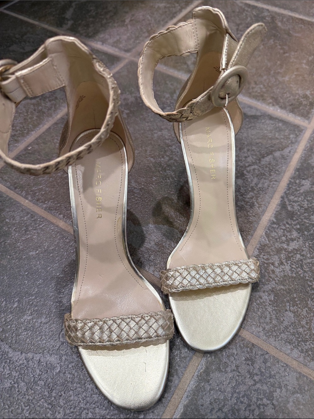 Marc Fisher Braided Ankle-Strap Sandals in Light Gold